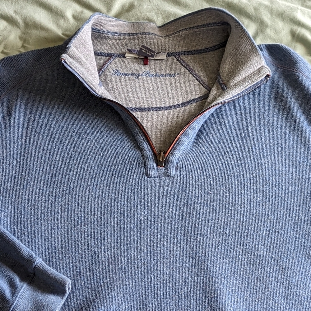 Tommy Bahama quarter zip mens blue and grey long sleeve sweater